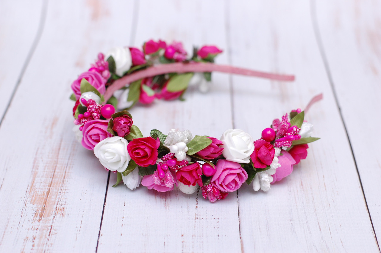 Обруч для волосся / обідок для волосся Okl з квітами біло-малиновий 269 об, фото 1