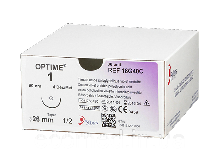 Нитка, що розсмоктується, OPTIME (Вікрил) 5/0, колюча 18мм, 1/2, довжина 75см, 1шт., фото 1