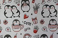 Бумага для упаковки новогоднего подарка белая с рисунком пингвинчики размер 1 метр на 70 см 1 шт