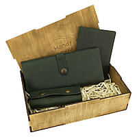 Подарунковий набір жіночий Handycover №45 (зелений) гаманець, обкладинка, ключниця в коробці