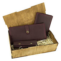 Подарунковий набір жіночий Handycover №45 (бордовий) гаманець, обкладинка, ключниця в коробці