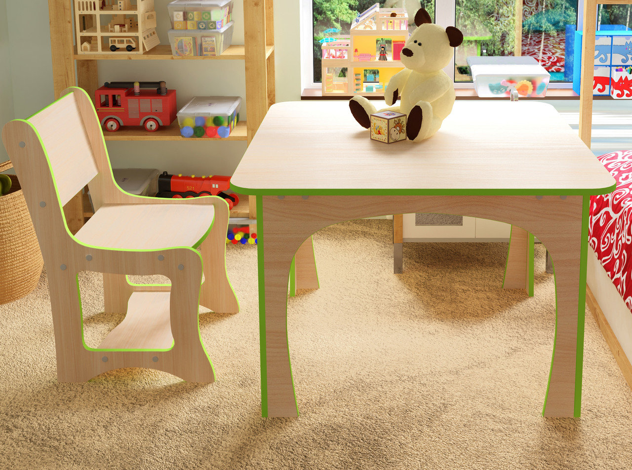 Комплект (стіл+стілець) дитячий Кроша (плюс) МАКСІ-Меблі Дуб молочний (зелена кромка) (8911), фото 1