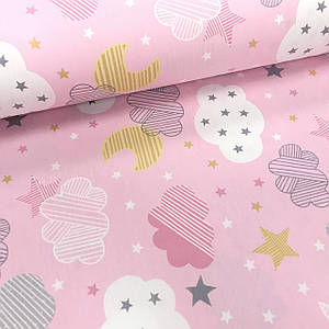 Тканина поплін великі хмари, місяць, зірки на рожевому (ТУРЦІЯ шир. 2,4 м) (R-W-0215)