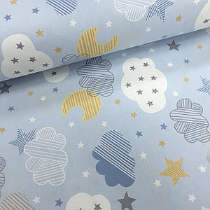 Тканина поплін великі хмари, місяць, зірки на блакитному (ТУРЦІЯ шир. 2,4 м) (R-W-0224)