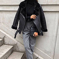 Жіноча чорна дублянка авіатор у стилі Зара