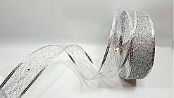 Новорічна стрічка срібна 3.8см "павутинка" для бантів з дротяним краєм, на метраж