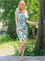 Летнее красивое женское платье с принтом листья на тонких бретелях, длины миди 44-46