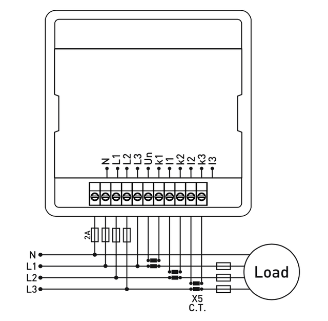 Схема подключения Мультиметр EM-100D (анализатор параметров сети) с 6 дисплеями для одновременной индикации тока и напряжения по трем фазам в комплекте с 3-мя трансформаторами тока на 100 A. 