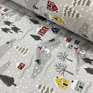 Фланелевая ткань снеговики с домиками и серыми елками на сером (шир. 2,4 м)