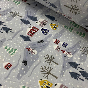 Фланелева тканина сніговики з будиночками та синіми ялинками на блакитному (шир. 2,4 м) (FL-W-0013)