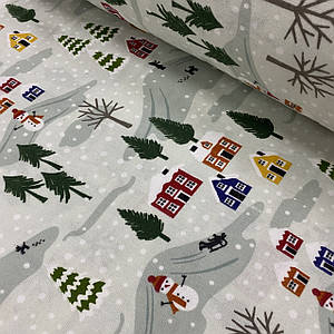 Фланелева тканина сніговики з будиночками та зеленими ялинками на м'ятному (шир. 2,4 м) (FL-W-0055)