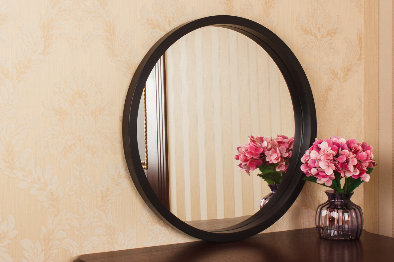 Дзеркало в круглій рамі клір чорий з золотом в вітальню, ванну кімнату. Код MD 1.1