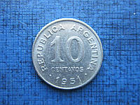 Монета 10 сентаво Аргентина 1951 1952 гурт насічка 2 роки ценга за 1 монету