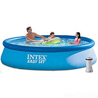 Семейный надувной наливной бассейн с фильтр насосом (396*84) Easy Set Intex 28142 с ручным насосом на 7290 л