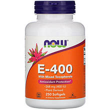 Натуральний вітамін Е, NOW Foods "Natural E-400" із сумішшю токоферолів, 400 МО (250 гелевих капсул)