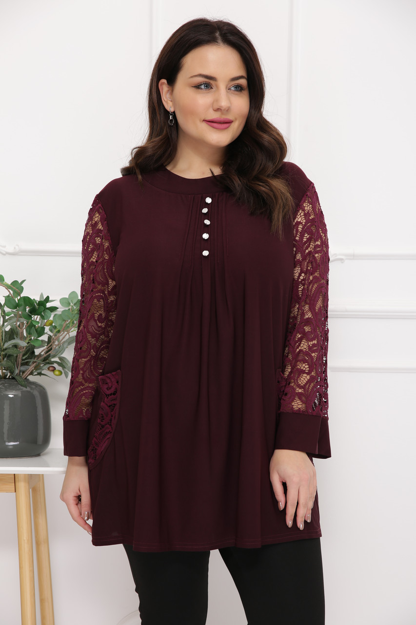 Ошатна туніка з гіпюром розмір плюс Роуз марсала (54-72), фото 1