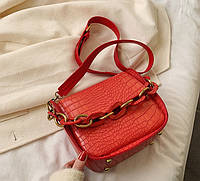 Маленькая женская сумочка под рептилию с цепью, Змеиная мини сумка с цепочкой крокодил красная