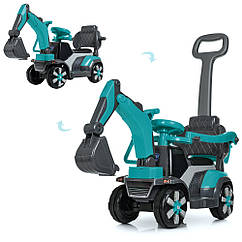 Дитячий електромобіль Трактор M 4141 L-4, 3 в 1 (толокар, батьківська ручка), шкір. сидіння, бірюзовий