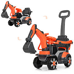 Дитячий електромобіль Трактор M 4141 L-7, 3 в 1 (толокар, батьківська ручка), шкір. сидіння, жовтогарячий