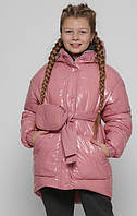 Лаковая зимняя куртка для девочек с поясной сумкой Snapshot пыльная роза DT-8300-21 28,32 рр