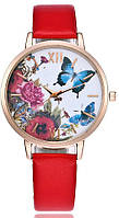 Женские часы красные с бабочками и цветами