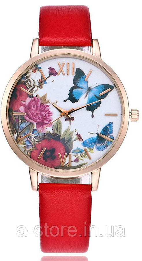 Жіночий годинник червоні з метеликами та квітами