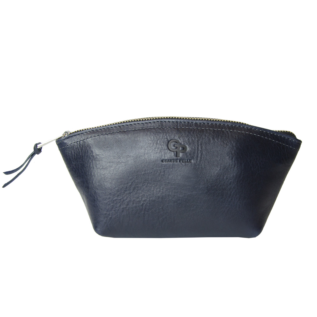 Шкіряна косметичка з дзеркальцем для подорожей на блискавці синя ручної роботи сумочка Grande Pelle для косметики