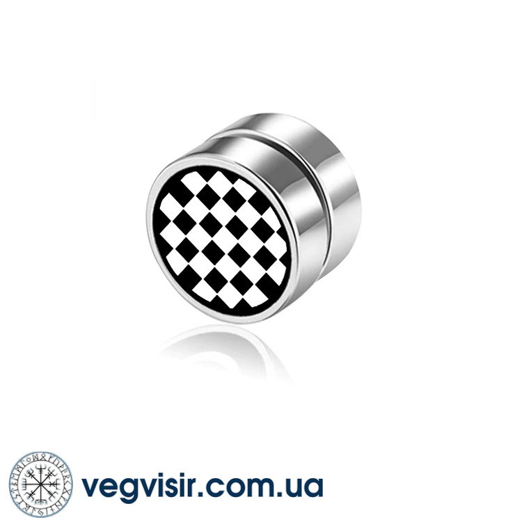 Модні сережки магнітні кліпси з малюнком шахівниця шахматна дошка  на одне вухо плаги-обманки сережки магніт чоловічі