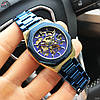 Синій наручний годинник чоловічий механічний з автопідзаводом сталевий скелетон Gusto Skeleton золотий-синій, фото 6