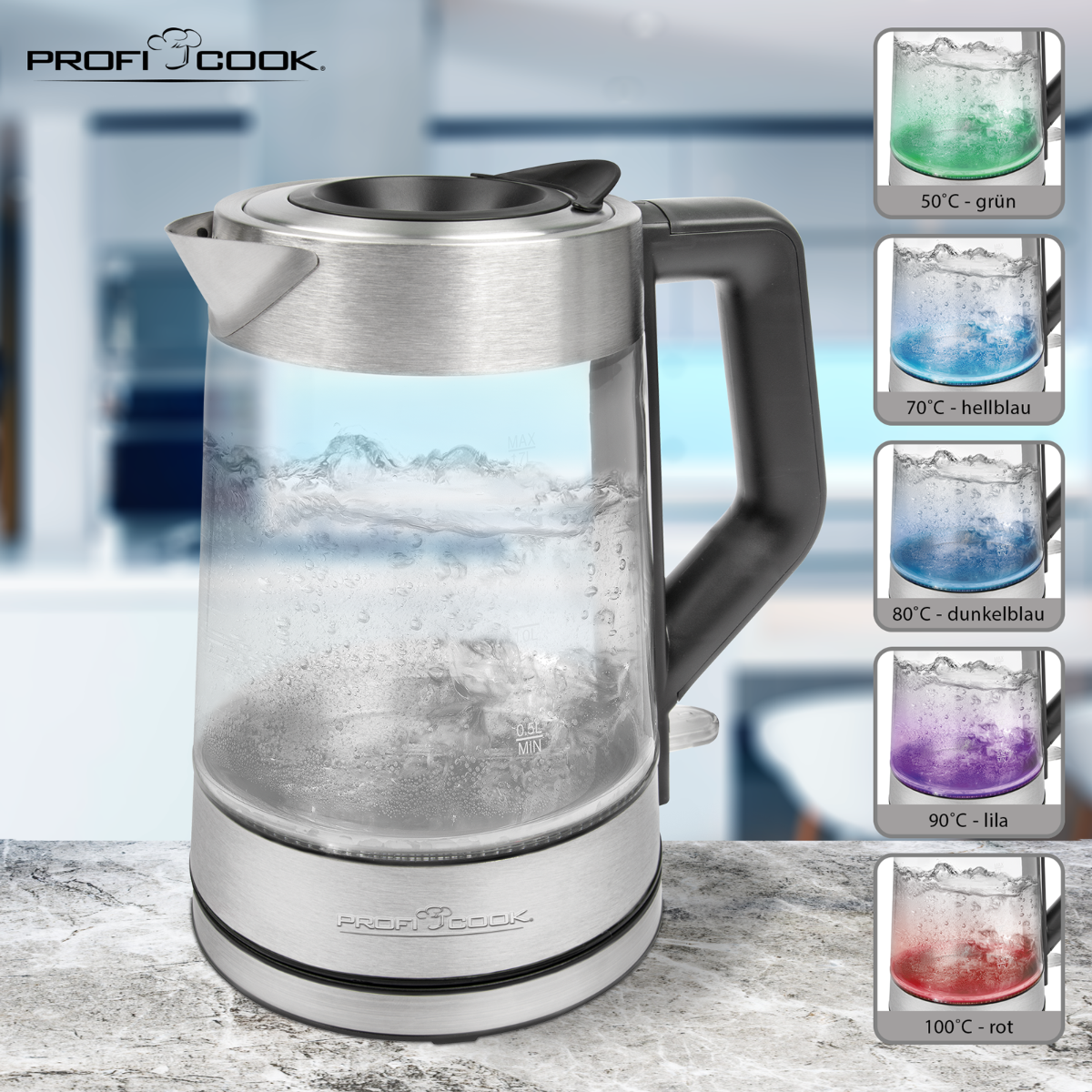 Електрочайник PROFI COOK PC-WKS 1190 G (5-колірна підсвітка від температури)