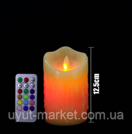 Світлодіодна свічка RGB 75х125мм, з пультом, 1 шт, харчування 3хААА, парафін