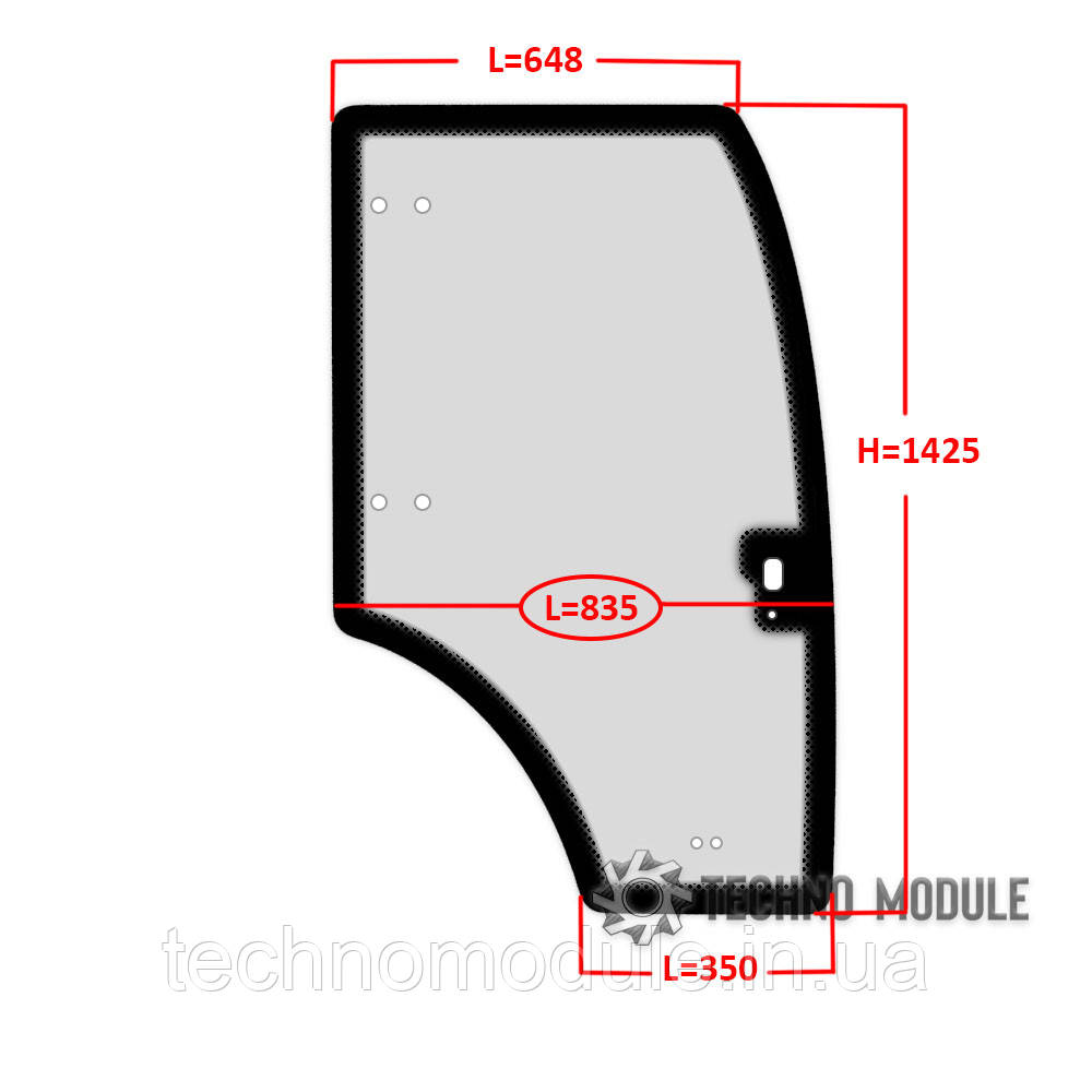 Скло дверцят правого ДТЗ 5404К (h=1425, L = 350х835х648)