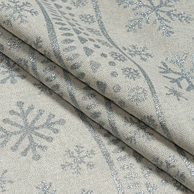 Декоративная новогодняя ткань Снежинки в полосу серебристый