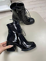 Эксклюзивные женские ботильоны на устойчивом каблуке лаковые, натуральные,черные. Обувь осень, зима, зимние 37