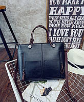 Велика жіноча шкіряна стильна модна чорна коричнева сумка з ручками ременем