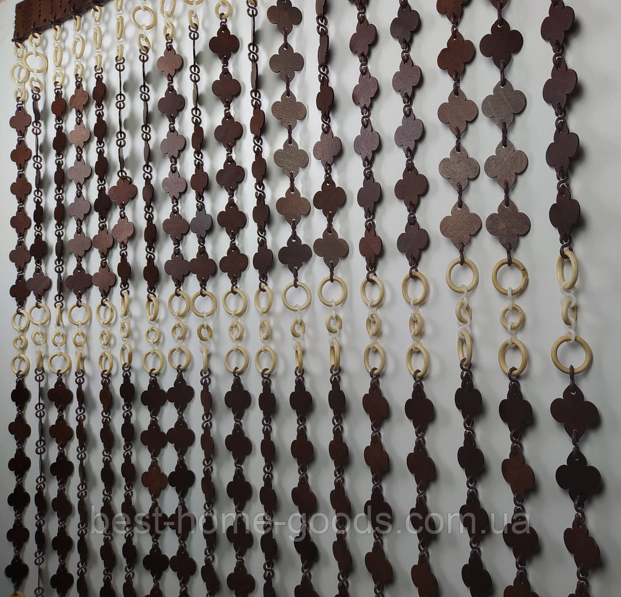 Дерев’яні штори «Квітка» 1×2 м | коричнево-темні квіточки та білі кільця | декоративна штора на дверний отвір, фото 1