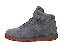 Зимові замшеві чоловічі кросівки з хутром Nike Air Force високі "Сірі з червоною підошвою" р.40-45