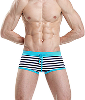 Полосатые купальные плавки с голубой окантовкой Seobean L, мужские пляжные шорты