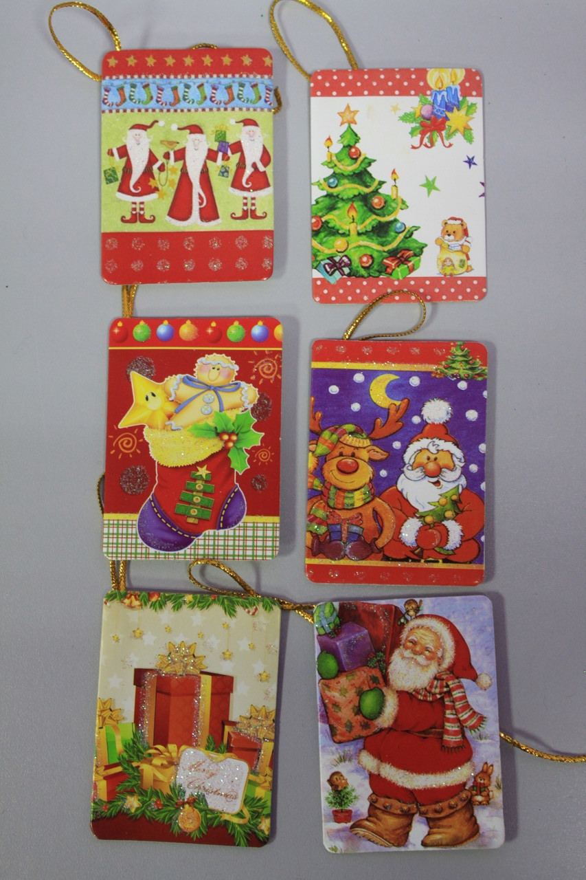 Набор Новогодние открытки теги (бирки) 6шт для подписи подарков с новогодним рисунком 4,5 *6,5, фото 1