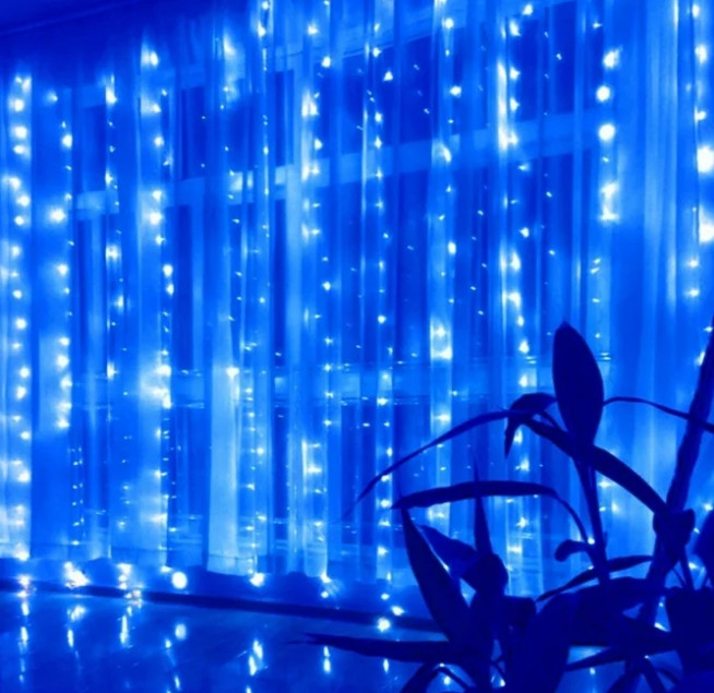 Гірлянда штора Водоспад 3х2 м 280 LED (прозорий шнур з перехідником) Синє світло, фото 1