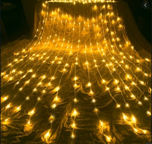 Гірлянда штора завіса Водоспад 3х3 м 280 LED велика лампа 3D (білий шнур, з перехідником) Золоте світло), фото 1