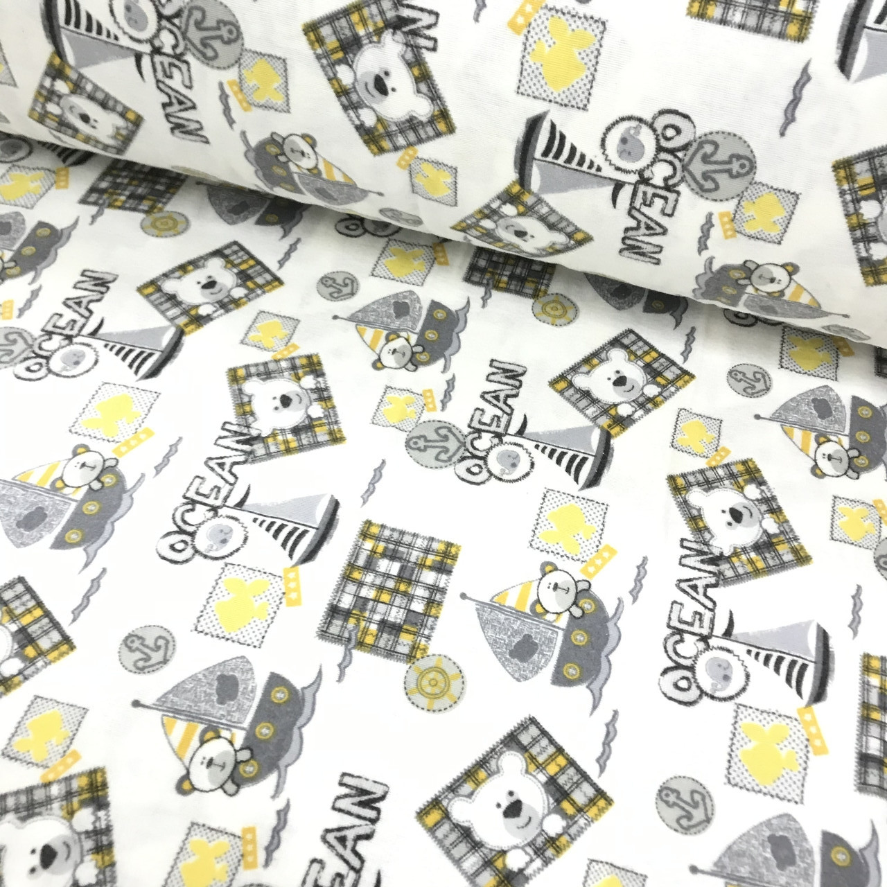 Фланелева тканина ведмедика на кораблях "ocean" сіро-жовті на білому (шир. 2,4 м) (FL-W-0011), фото 1