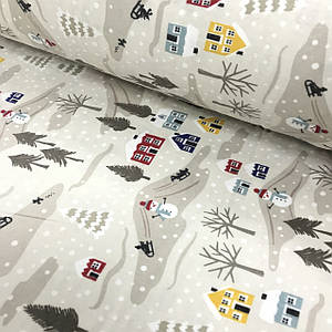 Фланелева тканина сніговики з будиночками та бежевими ялинками на бежевому (шир. 2,4 м)