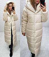 Куртка зимняя длинная очень теплая с капюшоном арт. 521 топлёное молоко 46-48