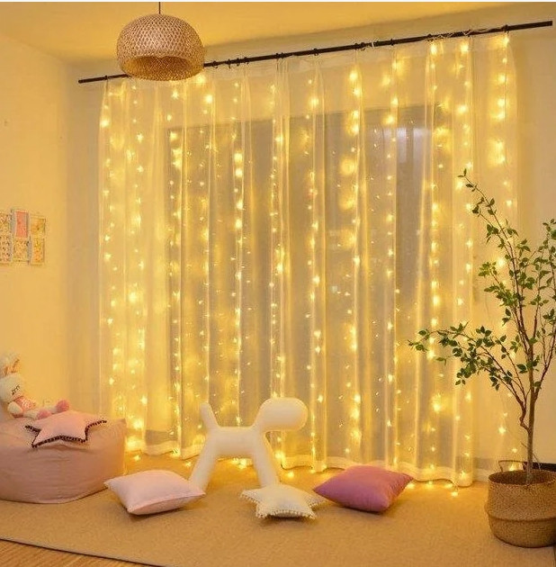 Гірлянда штора Водоспад 3х2 м 400 LED (прозорий шнур з перехідником) Золоте світло, фото 1