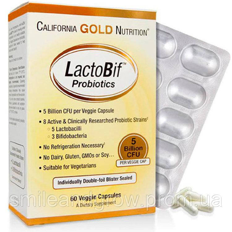 Пробіотики, Probiotic LactoBif, 5 млрд, 60 капсул. California Gold Nutrition.