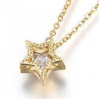 Ожерелье с Кулоном, Нержавеющая Сталь и Фианиты, Звезда, Цвет: Золото, Размер: Цепь 45.5см, Кулон: 8x8x4мм,