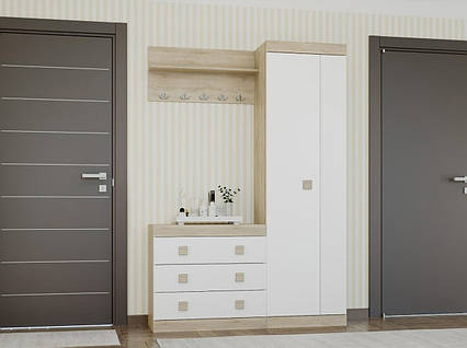 Модульна передпокій з шафою, комодом і настінною вішалкою Соната 4 дуб сонома+ білий Еверест