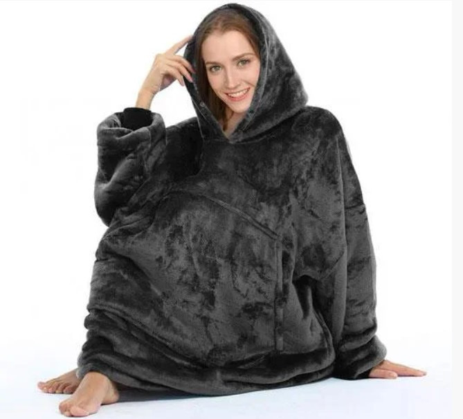 Плед толстовка двостороння Huggle Hoodie халат з капюшоном і рукавами унісекс чорний, фото 1