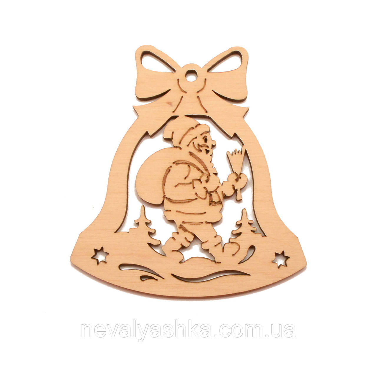 Дерев'яна Новорічна Ялинкова Іграшка "Дзвіночок з Дідом Морозом" 9 см Прикраса на Ялинку з Фанери